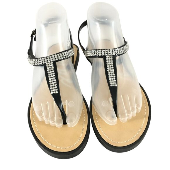 Blue Suede Shoes Womens Sandals Thong Rubber Rhinestones Ankle Strap Black 10 - Picture 2 of 6